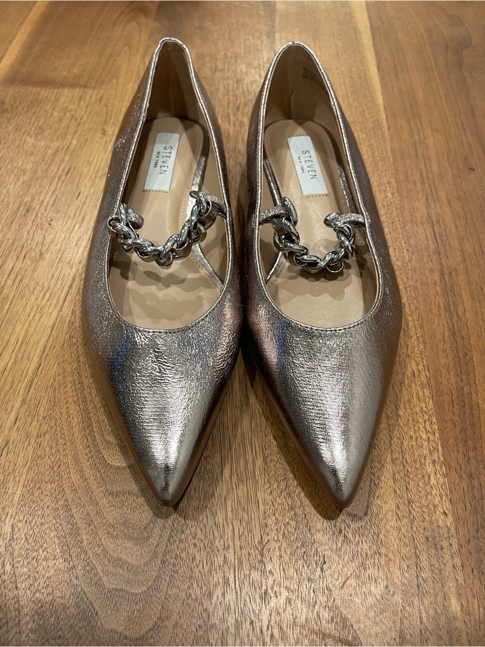 Steve Madden Metallic Pointed Toe Flats with Chain Detail -gold